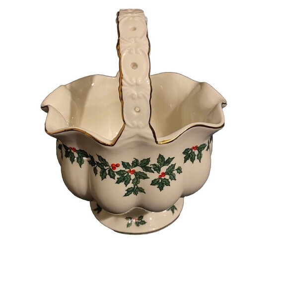Madison and Max Christmas Holly Berry Porcelain basket candy dish 8" tall - Picture 2 of 9